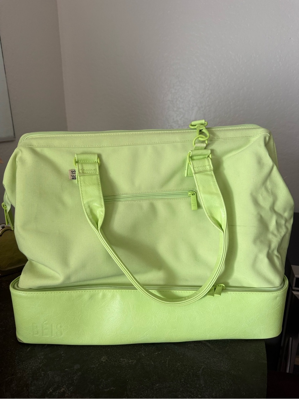 BEIS Neon Lime Two-Compartment Travel Duffle